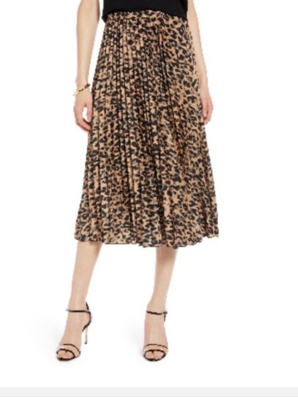 Halogen Black & Tan Leopard Pleated Midi Skirt